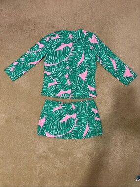 Lilly Pulitzer Girls Green and Pink Tropical Leaf Rashguard Set
